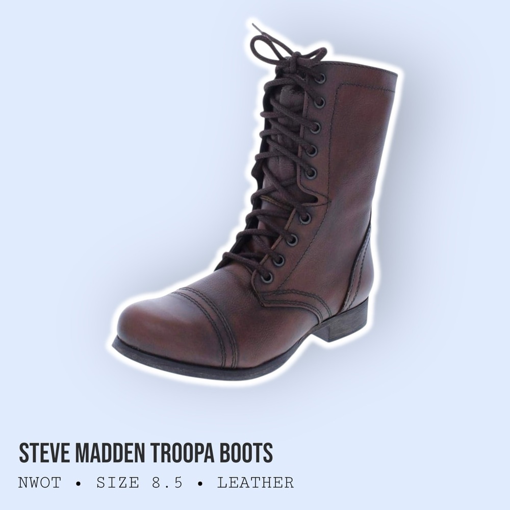Steve Madden Brown Leather TROOP Lace-Up Military Boots • NWOT • Size 8.5